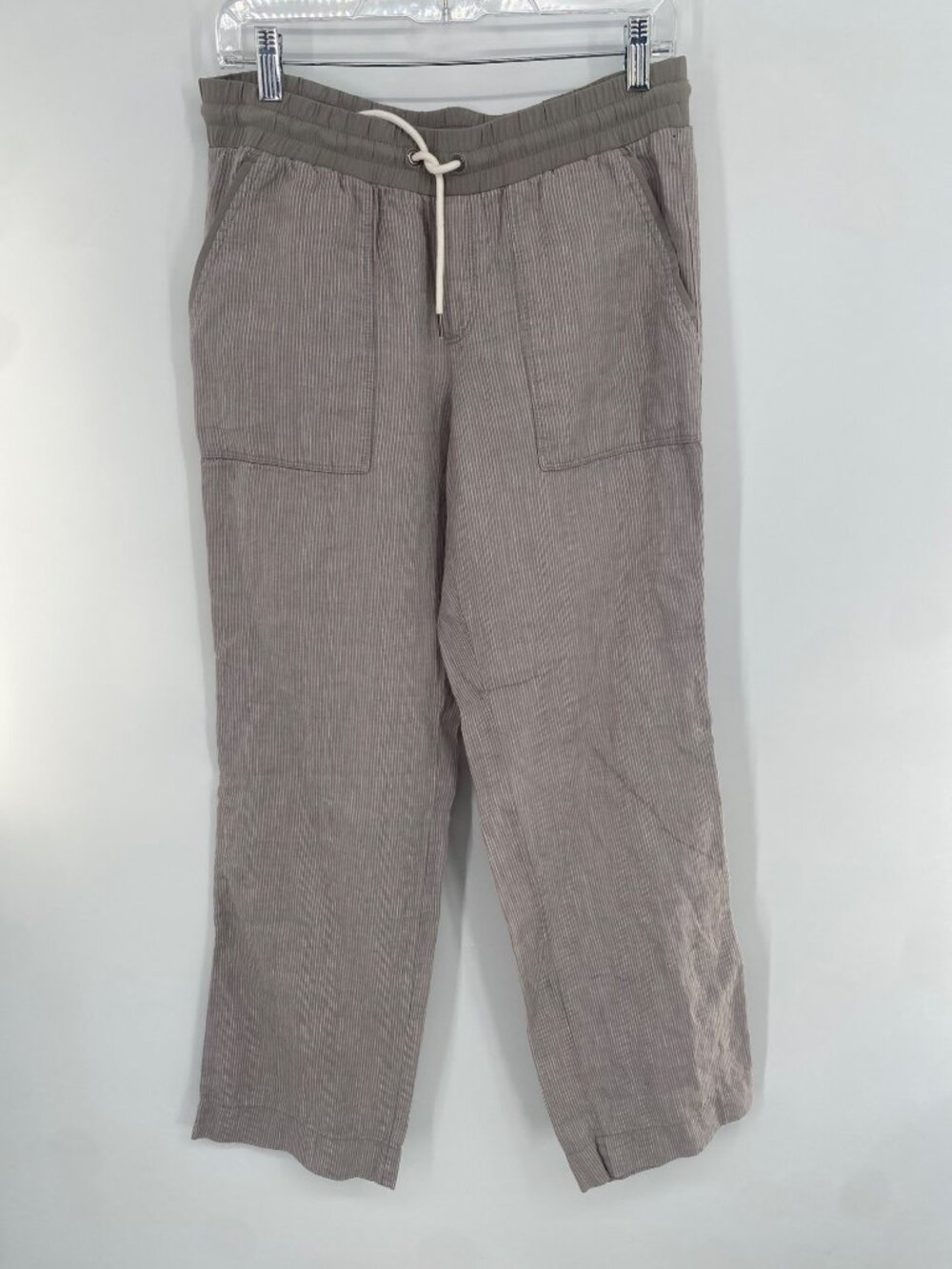 Athleta Women's Size 10 Linen Trouser Drawstring Striped Gray POCKETS